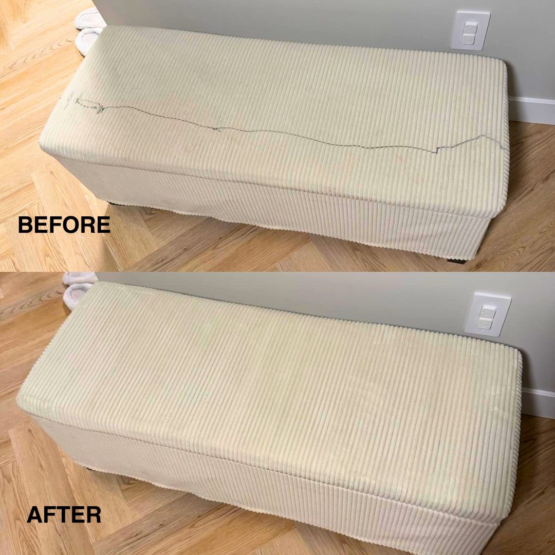 Before and after upholstery cleaning result on a light ottoman
